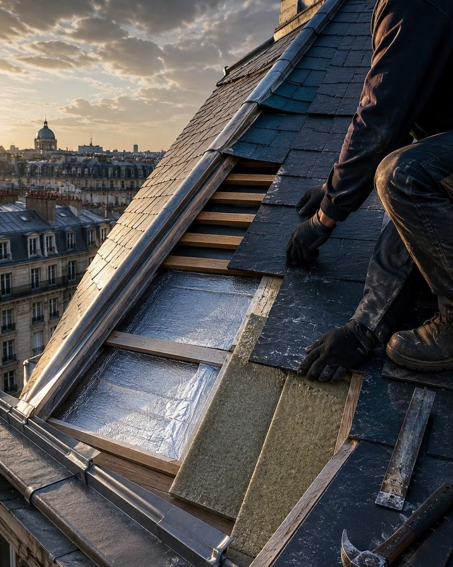 Pose de panneaux de sarking sous une couverture en ardoise
