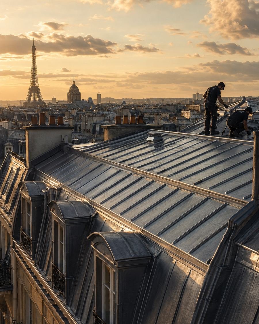 Toiture parisienne en zinc à joint debout refaite à neuf, au couchant