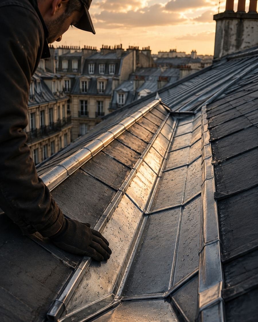 Couvreur reprenant une noue en zinc sur une toiture parisienne
