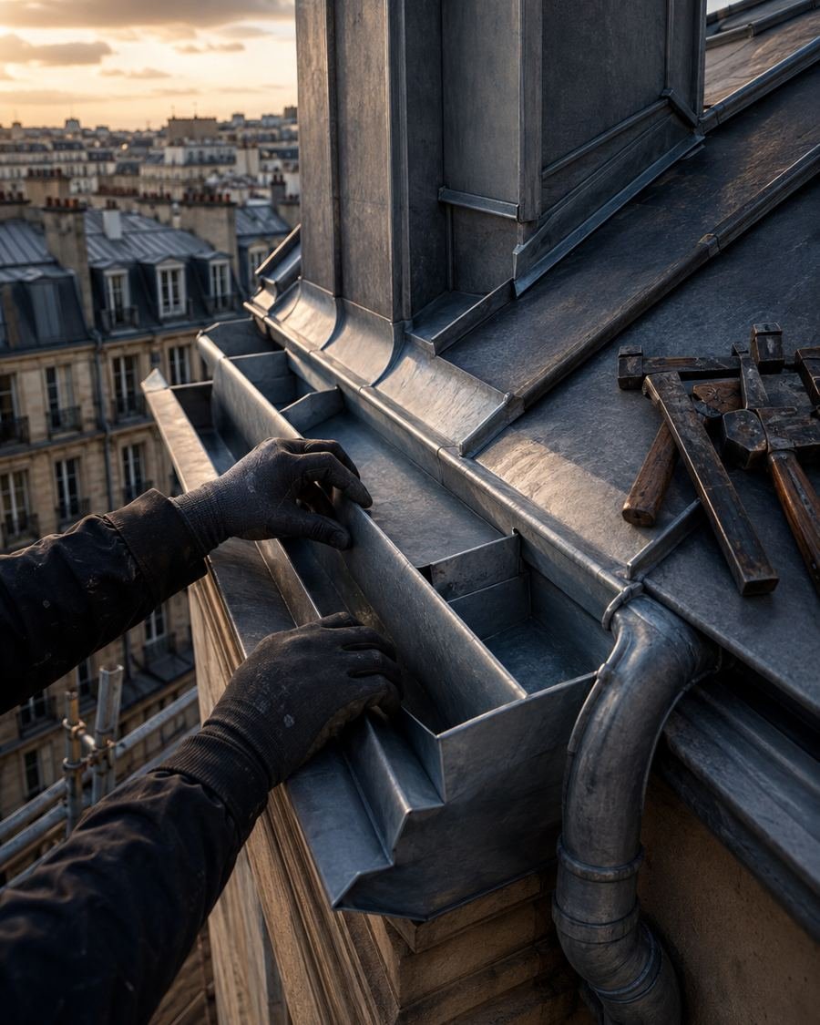 Chéneau et descente en zinc façonnés sur mesure sur un toit parisien