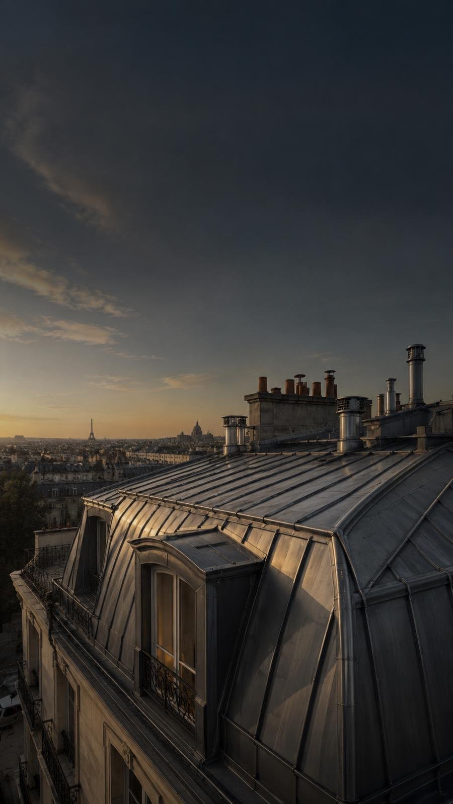 Toiture en zinc parisienne au crépuscule