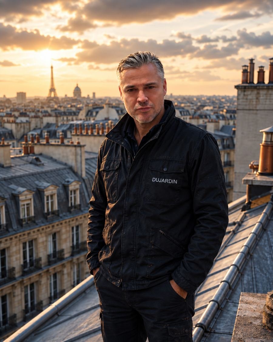 Ghin Dujardin, Maître Compagnon couvreur, sur une toiture de zinc parisienne au couchant